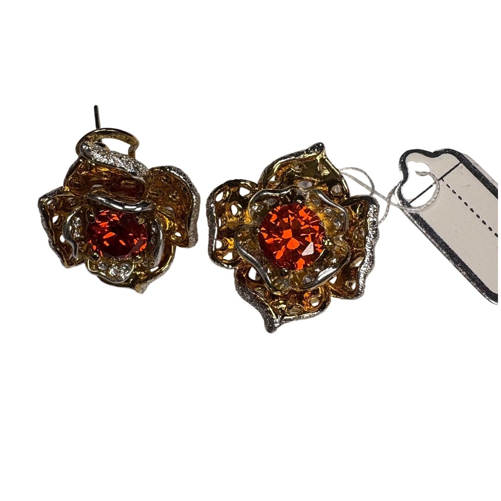 Rose Flower Earrings Red Gemstones Gold Tone Silver Tone Accents